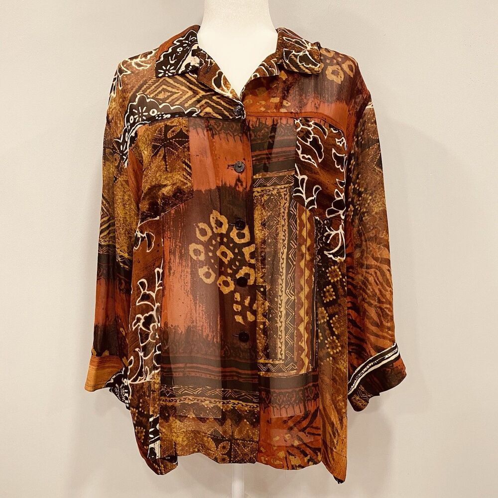 VTG Chicos 3 Button Up 100% Silk 3/4 Sleeve Sheer Whimsigoth Orange Blouse XL